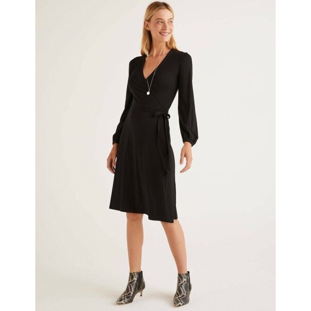Boden Black Long-Sleeve Wrap Midi Dress